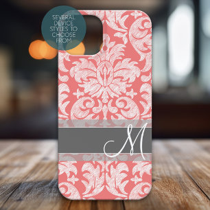 Modern Lace Damask Pattern Coral and Grey Case-Mate iPhone 14 Hoesje