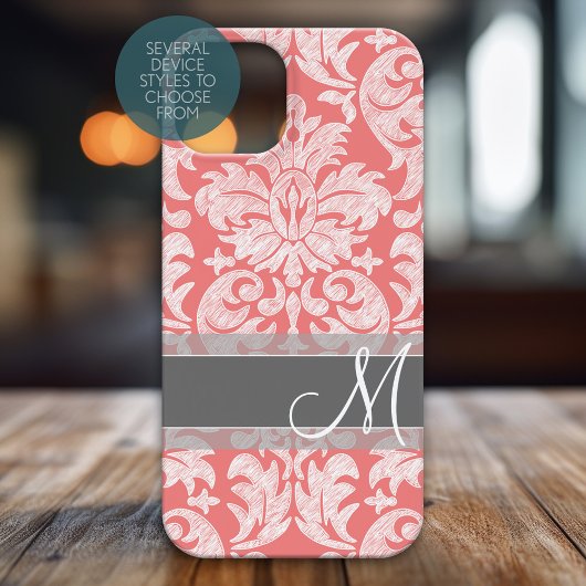 Modern Lace Damask Pattern Coral and Grey Case-Mate iPhone Case
