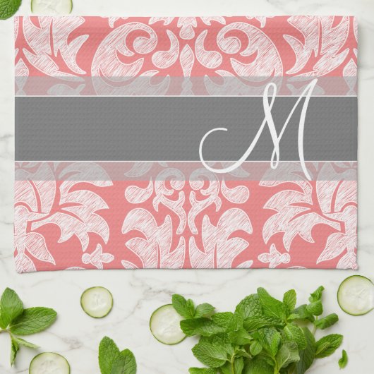 Modern Lace Damask Pattern - Coral and Grey Theedoek (Gevouwen)