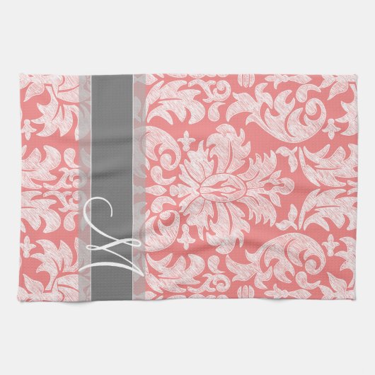 Modern Lace Damask Pattern - Coral and Grey Theedoek (Horizontaal)