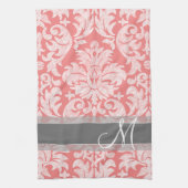 Modern Lace Damask Pattern - Coral and Grey Theedoek (Verticaal)