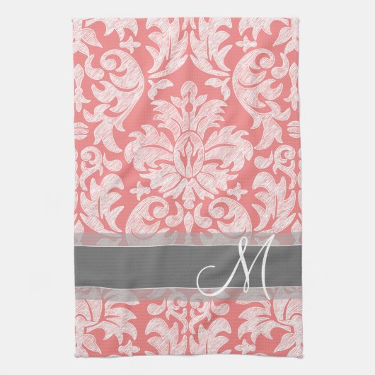 Modern Lace Damask Pattern - Coral and Grey Theedoek (Verticaal)