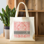 Modern Lace Damask Pattern - Coral and Grey Tote Bag<br><div class="desc">Trendy en feminine floral damkers met populaire kleuren. Het dametje heeft een grillig karton.</div>