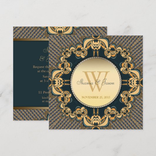 Modern Lace Monogram Blauwgroen Gold Wedding Uitno Kaart (Voorkant / Achterkant)