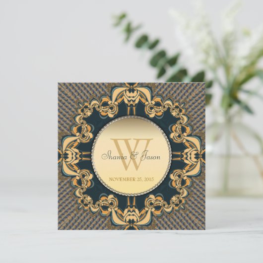Modern Lace Monogram Blauwgroen Gold Wedding Uitno Kaart (Staand voorkant)