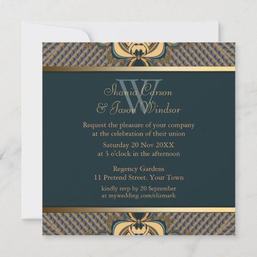 Modern Lace Monogram Blauwgroen Gold Wedding Uitno Kaart (Achterkant)