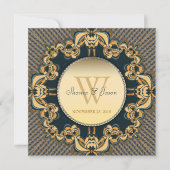 Modern Lace Monogram Blauwgroen Gold Wedding Uitno Kaart (Voorkant)