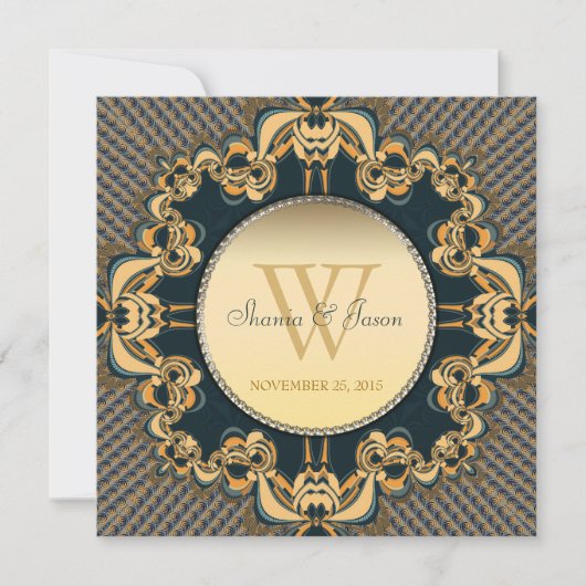 Modern Lace Monogram Blauwgroen Gold Wedding Uitno Kaart (Voorkant)