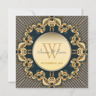 Modern Lace Monogram Blauwgroen Gold Wedding Uitno Kaart