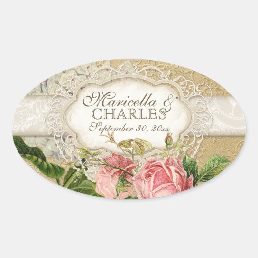 Modern  Lace Tea Sined Hydrangea n Rozen Ovale Sticker (Voorkant)