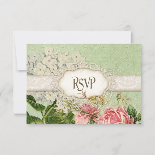 Modern Lace Tea Sined Hydrangea n Rozen RSVP Kaartje (Voorkant)