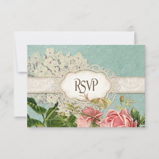 Modern Lace Tea Sined Hydrangea n Rozen RSVP Kaartje (Voorkant)