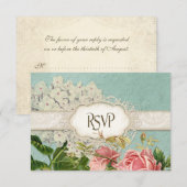 Modern Lace Tea Sined Hydrangea n Rozen RSVP Kaartje (Voorkant / Achterkant)