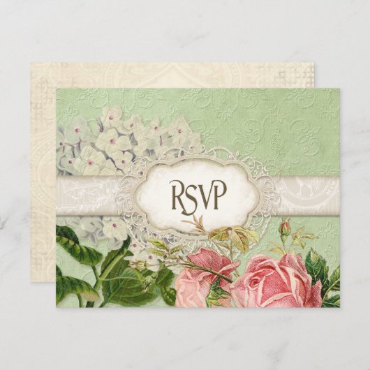 Modern Lace Tea Sined Hydrangea n Rozen RSVP Kaartje (Voorkant / Achterkant)