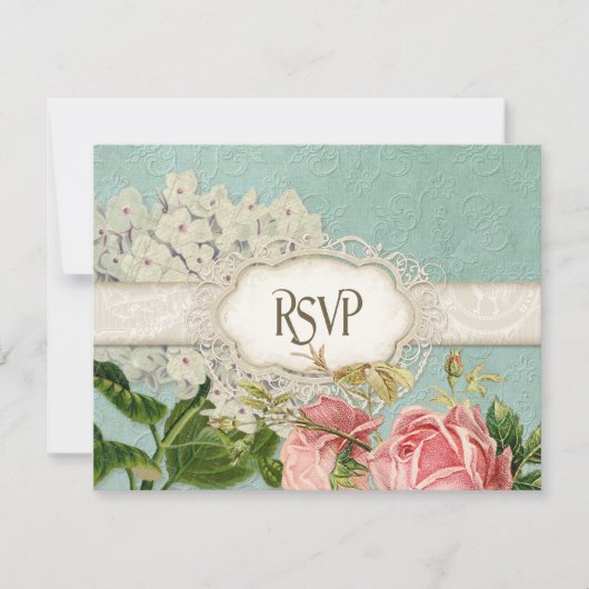 Modern  Lace Tea Sined Hydrangea n Rozen RSVP Kaartje (Voorkant)