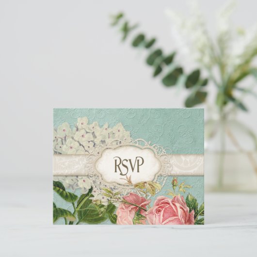 Modern  Lace Tea Sined Hydrangea n Rozen RSVP Kaartje (Staand voorkant)