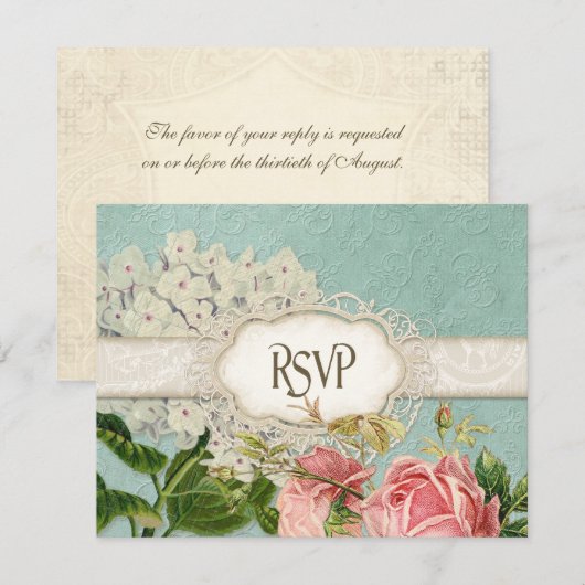Modern  Lace Tea Sined Hydrangea n Rozen RSVP Kaartje (Voorkant / Achterkant)