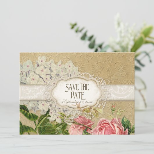 Modern  Lace Tea Sined Hydrangea n Rozen Save The Date (Staand voorkant)