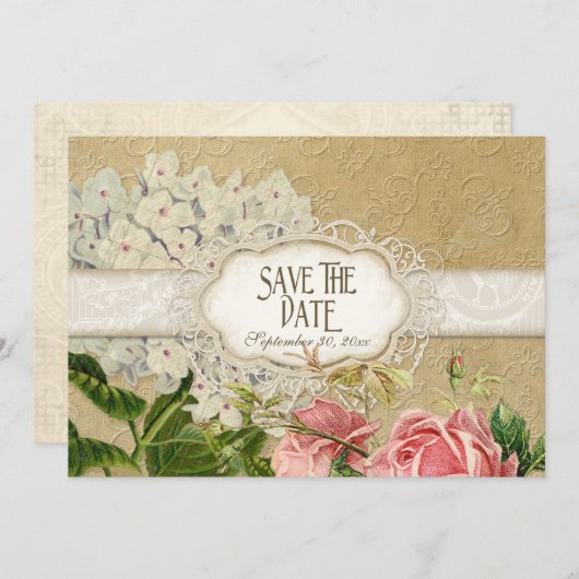 Modern  Lace Tea Sined Hydrangea n Rozen Save The Date (Voorkant / Achterkant)