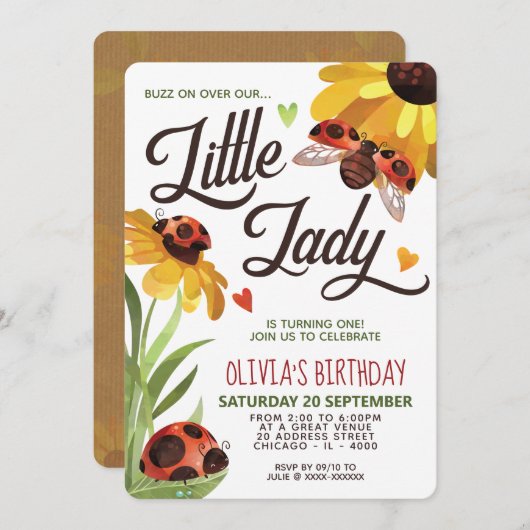 Modern Lady Bug Birthday Uitnodiging (Voorkant / Achterkant)