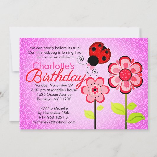 Modern Ladybug en Flowers Birthday Party Kaart (Voorkant)