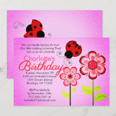 Modern Ladybug en Flowers Birthday Party Kaart (Voorkant / Achterkant)