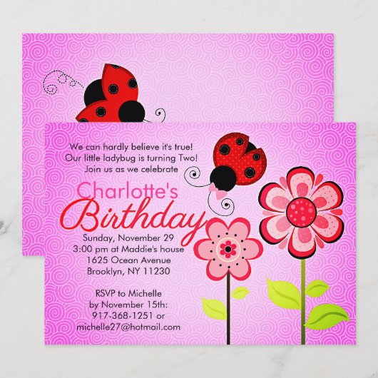 Modern Ladybug en Flowers Birthday Party Kaart (Voorkant / Achterkant)