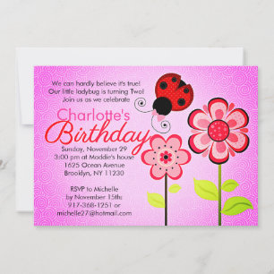 Modern Ladybug en Flowers Birthday Party Kaart