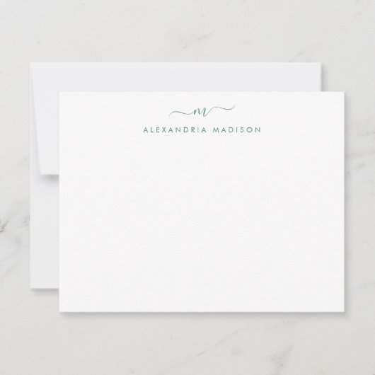 Modern Lake Green Script Monogram Swash Stationery Notitiekaartje (Voorkant)
