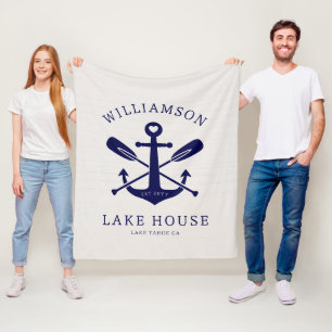 Modern Lake House familienaam nautisch   marinebla Fleece Deken