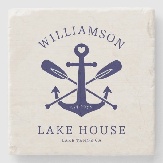 Modern Lake House familienaam nautisch | marinebla Stenen Onderzetter (Voorkant)