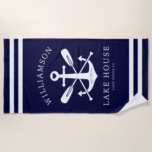 Modern Lake House familienaam nautische marine bla Strandlaken (Voorkant)