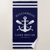Modern Lake House familienaam nautische marine bla Strandlaken (Voorkant)