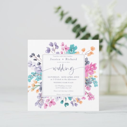 Modern land bloemenlavendel roze bruiloft script kaart (Staand voorkant)