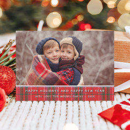 Modern landelijk kerst geruit rood groen foto feestdagenkaart