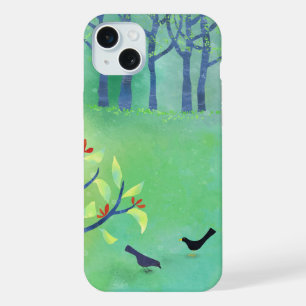 Modern landschapsvogel en bomen iPhone 15 plus case
