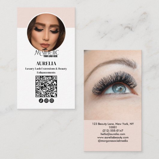 Modern Lashes Qr Code Foto Blush Roze Logo Visitekaartje (Voorkant / Achterkant)