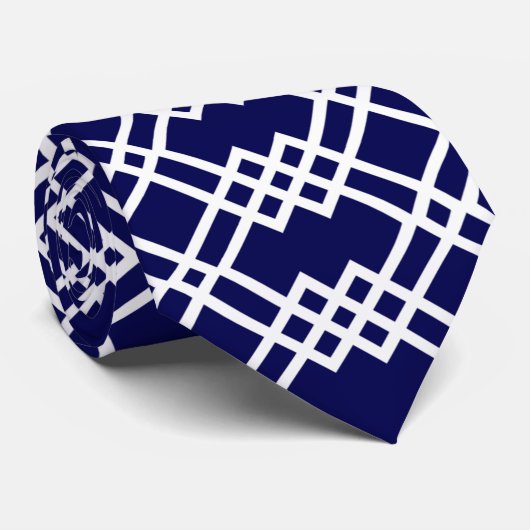 Modern Lattice Geometric Navy Blue & White Stropdas (Opgerold)