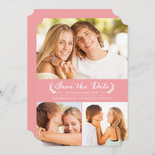 Modern Laurel sparen de Datum Fotokaart/Roze Save The Date (Voorkant / Achterkant)