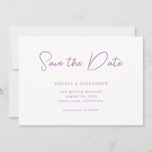 Modern Lavendel Huwelijksscript Save The Date (Voorkant)
