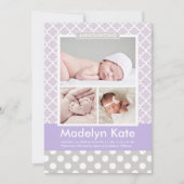 Modern Lavendel Paarse Patroon Baby Foto Geboorte Aankondiging (Voorkant)
