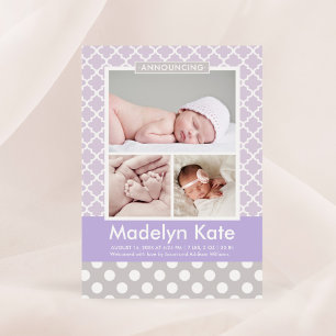 Modern Lavendel Paarse Patroon Baby Foto Geboorte Aankondiging