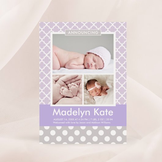 Modern Lavendel Paarse Patroon Baby Foto Geboorte Aankondiging