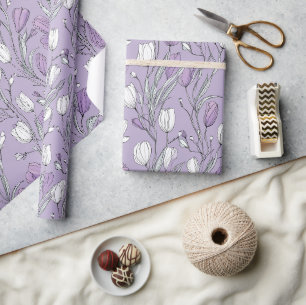 Modern Lavendel Tulp Wit Bloemmotief Cadeaupapier