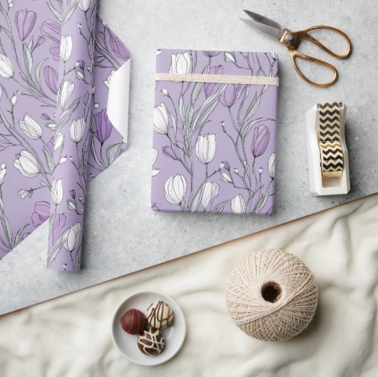 Modern Lavendel Tulp Wit Bloemmotief Cadeaupapier (Crafts)