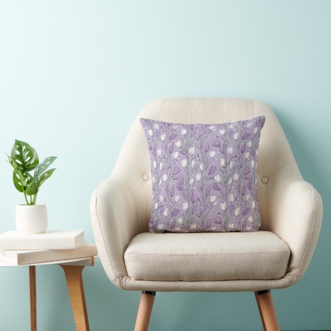 Modern Lavendel Tulp Wit Bloemmotief Kussen (Stoel)