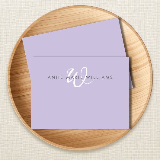 Modern Lavendel Wit Schreef Monogram Notitiekaartje