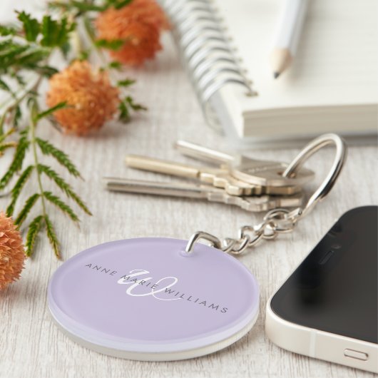 Modern Lavendel Wit Schreef Monogram Sleutelhanger (Voorkant Rechts)