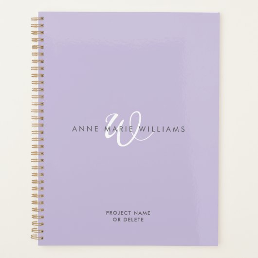 Modern Lavendel Wit Script Monogram Planner (Voorkant)