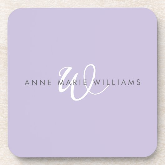 Modern Lavendel Witte Script Monogram Bier Onderzetter (Voorkant)